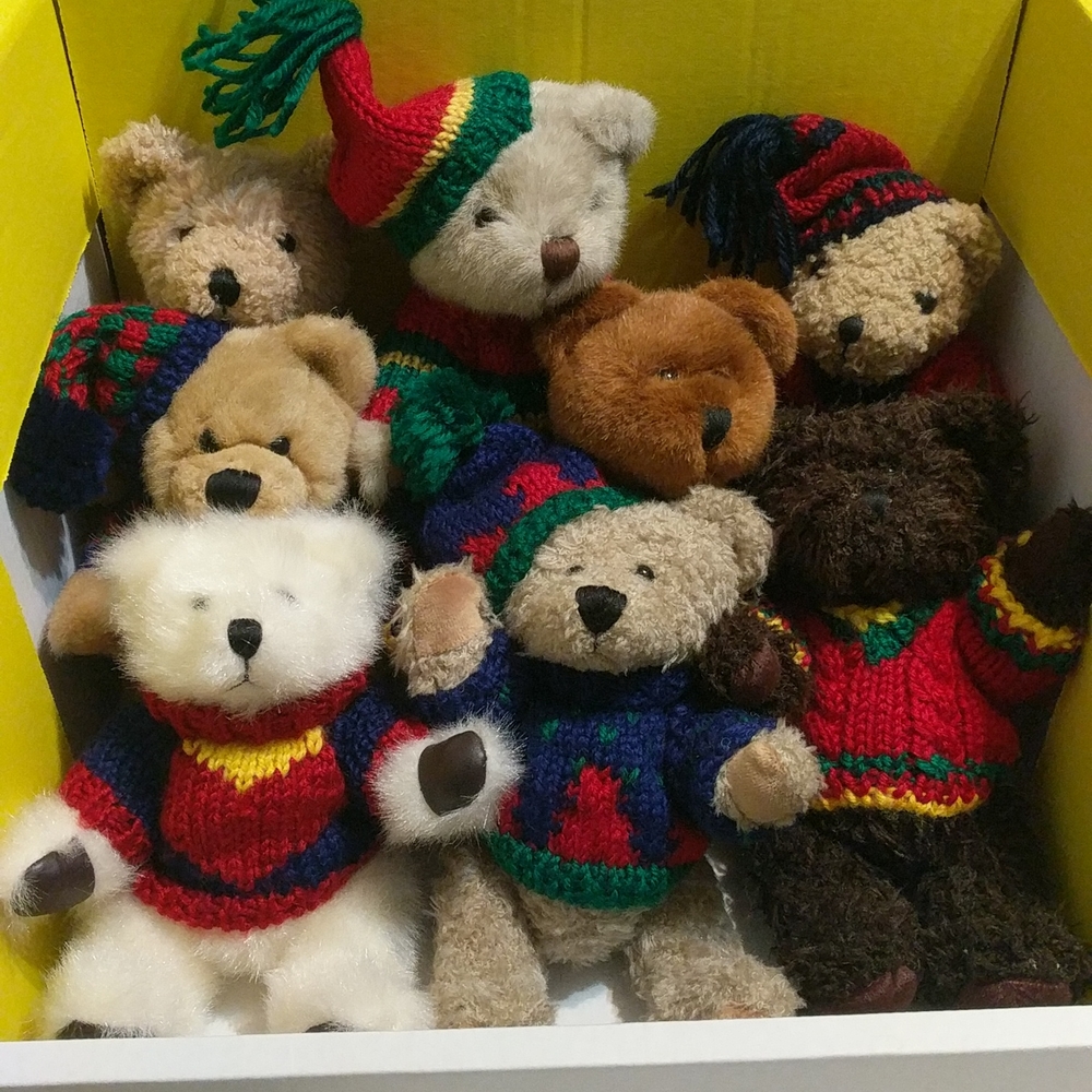 Lot of 8 Vintage Winter Teddy Bears With Removable Knit Sweaters